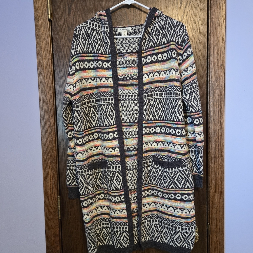 Monteau Hooded Intarsia Duster Cardigan